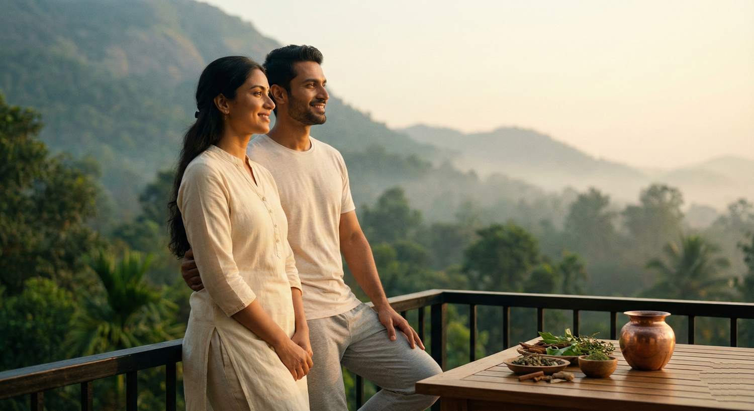 indian man and woman standing on a balcony