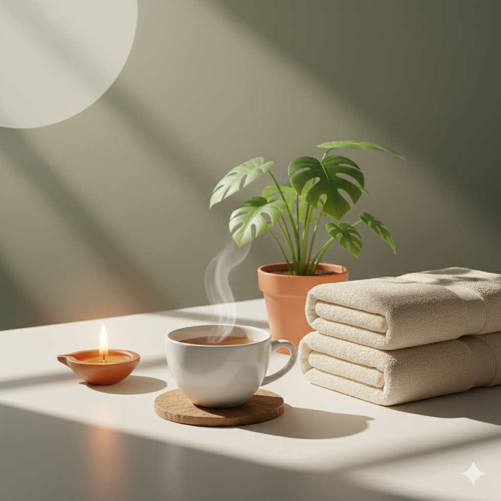 a cinematic premium wellness illustration for a website section, showing balance and inner peace