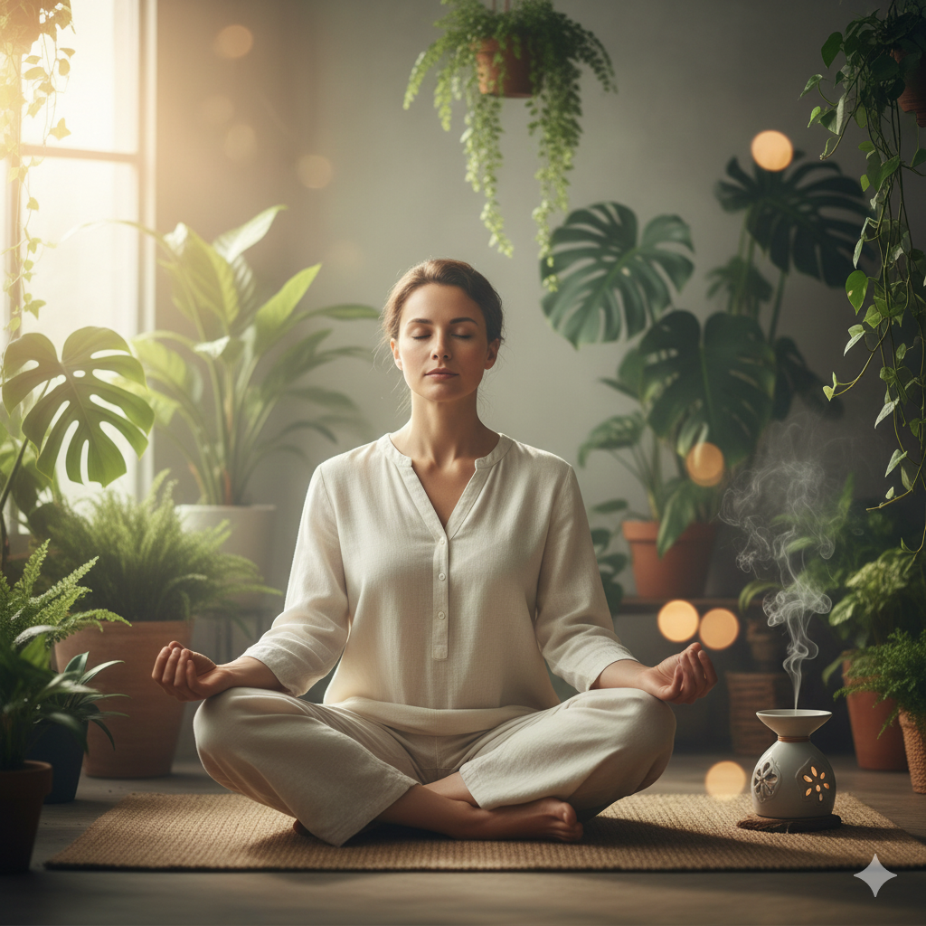 a person sitting calmly in meditation or relaxation in a nature inspired setup