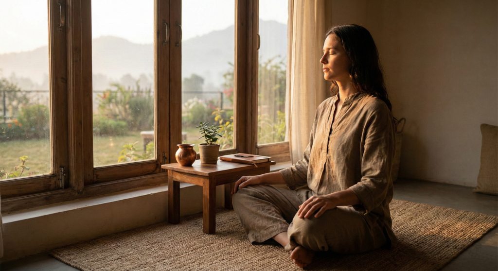 person sitting near a window at 5 am with soft morning light