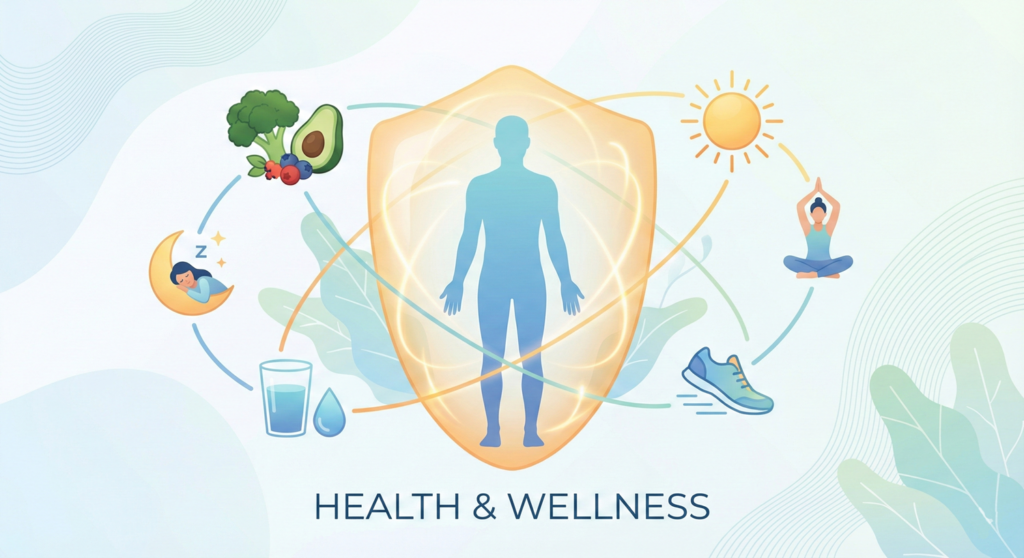 healthy food, sleep, hydration, yoga and sunlight,